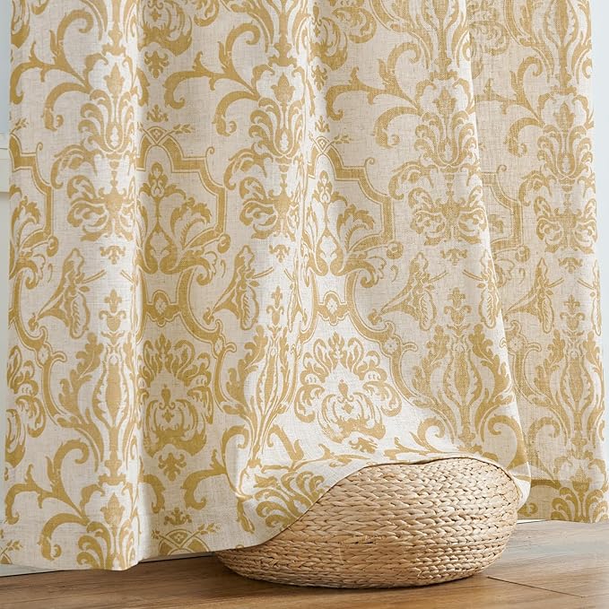 jinchan Curtains for Bedroom, Light Filtering 96 Inch Length 2 Panels Set, Farmhouse Style Linen Blend Drapes Living Room, Vintage Damask Curtains, Grommet Top Mustard Yellow on Flax, W52 X L96