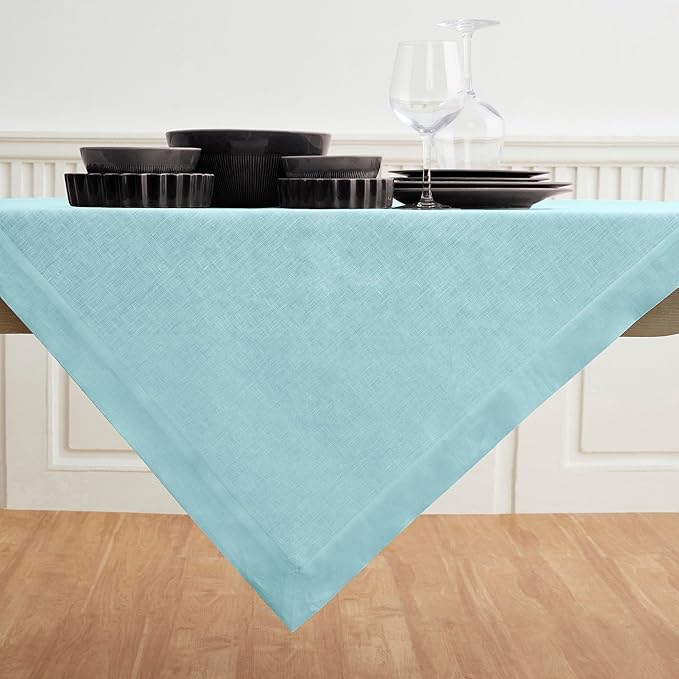 Solino Home Aqua Blue Linen Tablecloth 52 x 52 Inch - 100% Pure Linen Square Table Throw - Fete, Machine Washable Fabric Table Cloth for Fall, Autumn, Thanksgiving