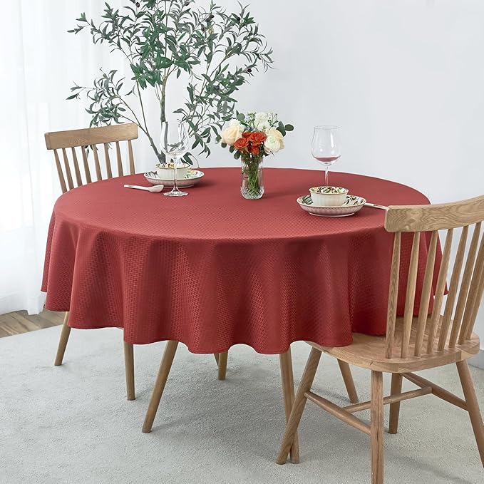maxmill Round Tablecloth Weaved Pattern Spill-Proof Wrinkle Free Soft Table Cloth for Circular Table Cover, for Dining Room Fall Harvest Thanksgiving Parties Holiday Dinner, 90 Inch, Rustic Brick