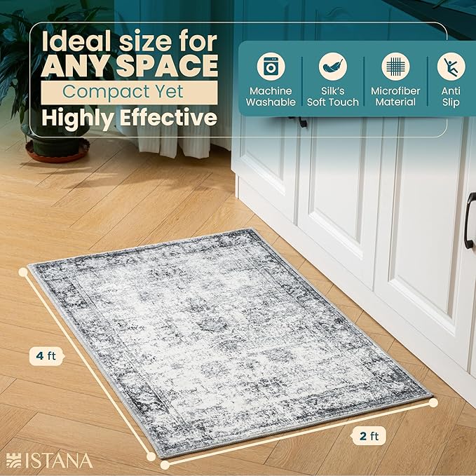 Istana Area Rug 2x4 - Navy 2x4 Washable Rug Non Slip - Pet Friendly Living Room Rug - Non Shedding Washable Rugs for Bedroom - Foldable Bathroom Rugs