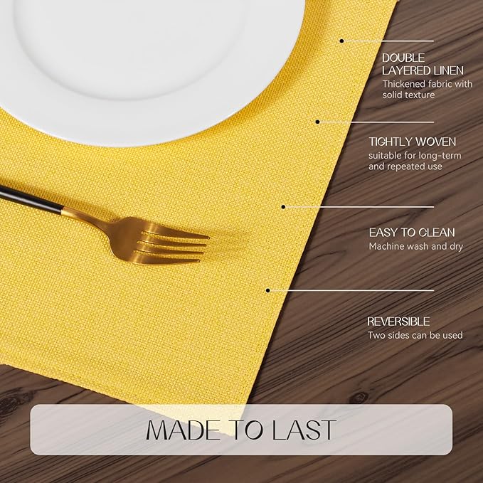 Romanstile Cloth Placemats Set of 4-12 x 18 Inch, Heat Resistant Double Layered Thickened Burlap Place Mats, Washable Faux Linen Farmhouse Table Mats for Kitchen/Dining/Party/Outdoor, Yellow