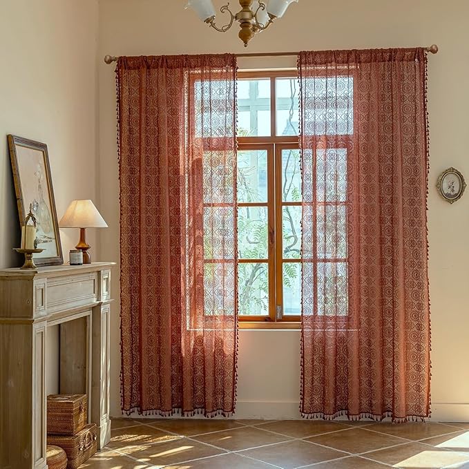 YJ YANJUN Boho Terracotta Sheer Curtains 108 inches Long 2 Panels Vintage Rust Orange Crochet Curtains for Dining Room Living Room Fall Thankgiving 9FT Floor to Ceiling Drapes 59" W x 108" L