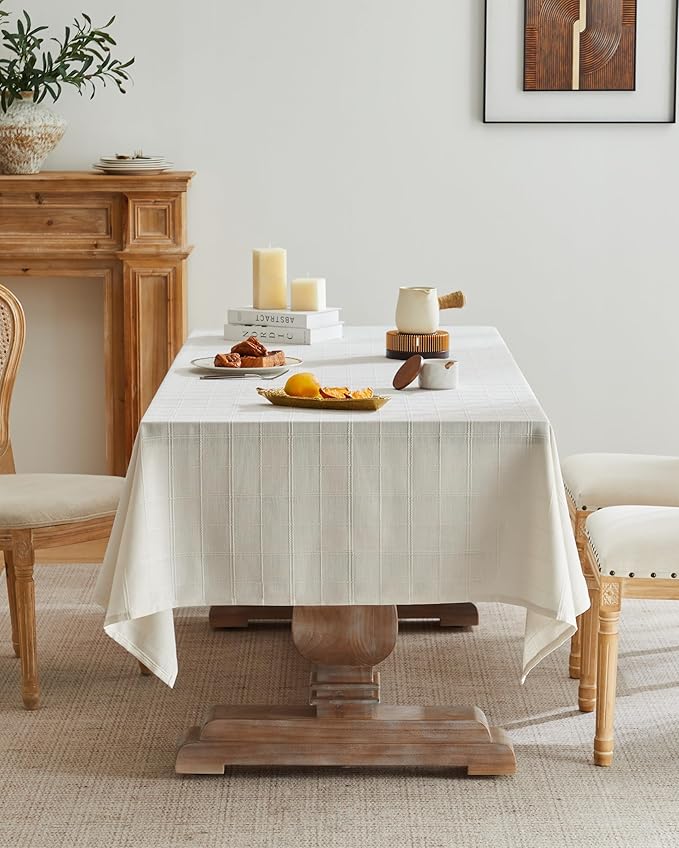 ZeeMart Linen Checked Table Cloth, Farmhouse Style Plaid Embroidered Neutral Tablecloth, Water Resistant Square Table Cloth, Ivory 60x60 Inches