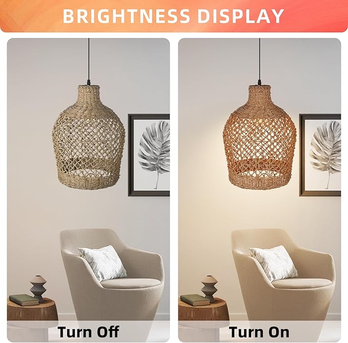 Arturesthome Rattan Pendant Light Woven Chandelier Handwoven Boho Coastal Pendant Lighting Rattan Basket Ceiling Hanging Light for Dining Room Living Room D 11.8″* 15.7″