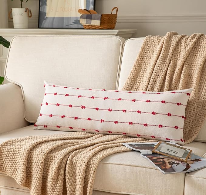 Caflife Boho Christmas Lumbar Pillow Covers 14x36 Long, Farmhouse Decorative Body Lumbar Pillow for Bed and Sofa, Living Room Home Christmas Decor Couch Red Lumbar Pillowcase, Pack of 1