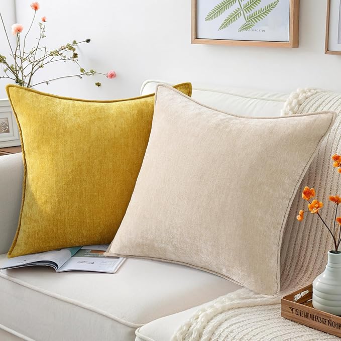 decorUhome Christmas Couch Throw Pillow Covers 24x24 Set of 2, Decorative Soft Euro Velvet Neutral Chenille Pillow Covers with Elegant Design for Sofa Bed Living Room Home Decor, Mineral Yellow
