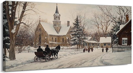 GUTTATY Winter Christmas Canvas Wall Art, Snow Village Scene Canvas Prints, Classic Church Horse Sleigh Wall Painting, Country Winter Pictures Decor for Living Room, Farmhouse, Entryway, 48x24 Inch