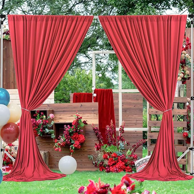 50ft x 10ft Wrinkle Free Red Backdrop Curtains for Parties, 10 Panels 5x10ft Silky Polyester Photo Backdrop Drapes for Christmas Weddings Birthday Party Photography Background Decor