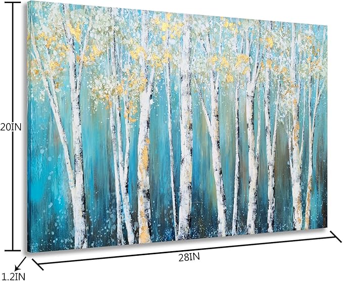 Yihui Arts Birch Tree Canvas Wall Art Hand Painted Teal and White Color Painting with Gold Foil Modern Forest Pictures for Living Room Bedroom Office Decoration