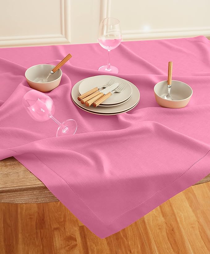 Solino Home Square Linen Tablecloth 52 x 52 Inch - 100% Pure Linen Flamingo Pink Table Throw - Classic Hemstitch, Machine Washable Table Cloth