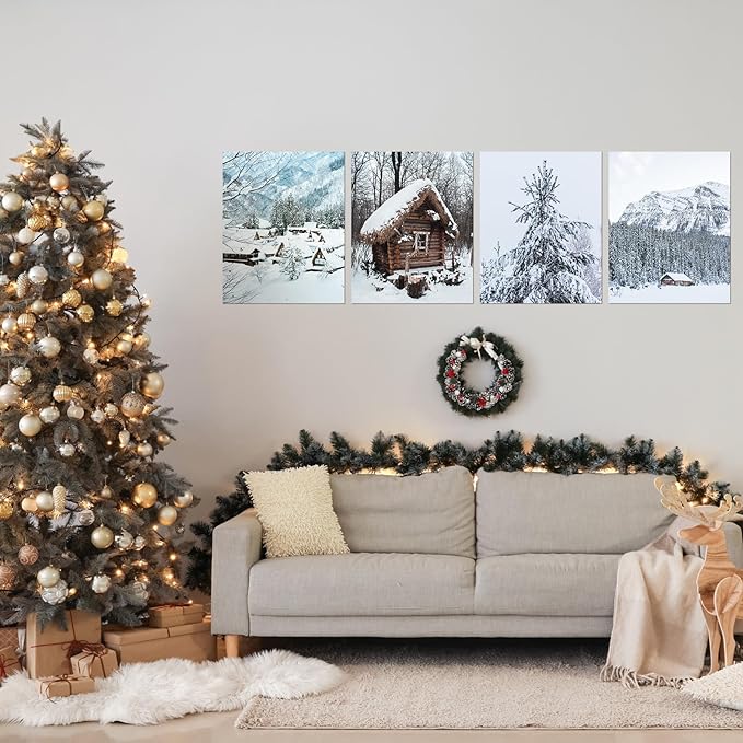 Watersay 8x10in 12pcs Winter Wall Decor Prints Christmas prints unframed Poster Art Cozy Snow Forest Frost Pictures Poster Xmas Tree Deer Mountain House Photo for Gallery Wall Home Nordic Decor