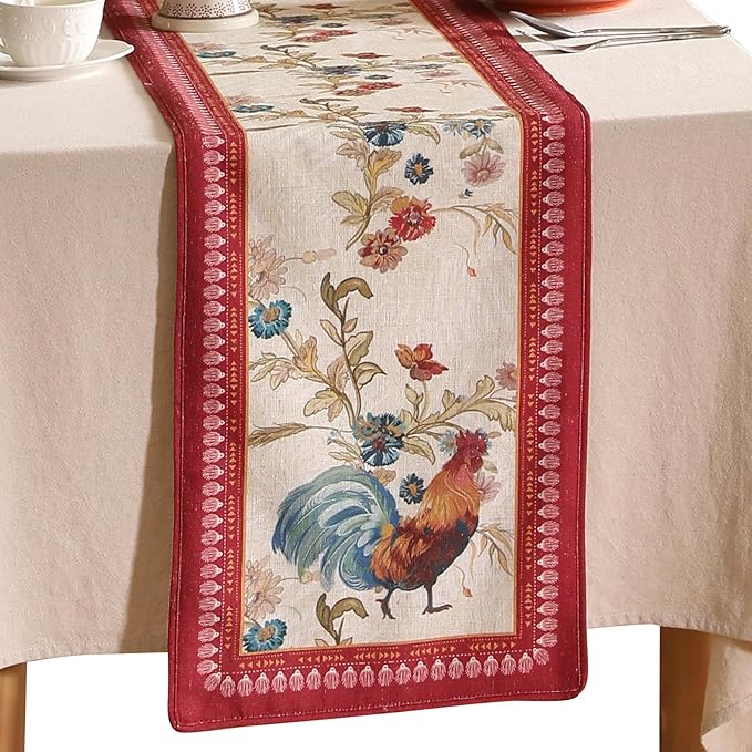 patdrea Designer Farmhouse Linen Table Runner, Rustic Cottage Mauve with Rooster and Floral Pattern Fabric Table Mat, Decoration for Kitchen Dining Coffee Table Banquet Christmas , 12"*71"