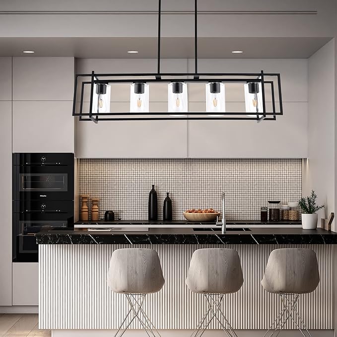 Kitchen Island Lighting 5-Light Chandeliers Farmhouse Black Island Pendant Light Fixtures Dining Room Rectangular Chandelier with Clear Glass Shades