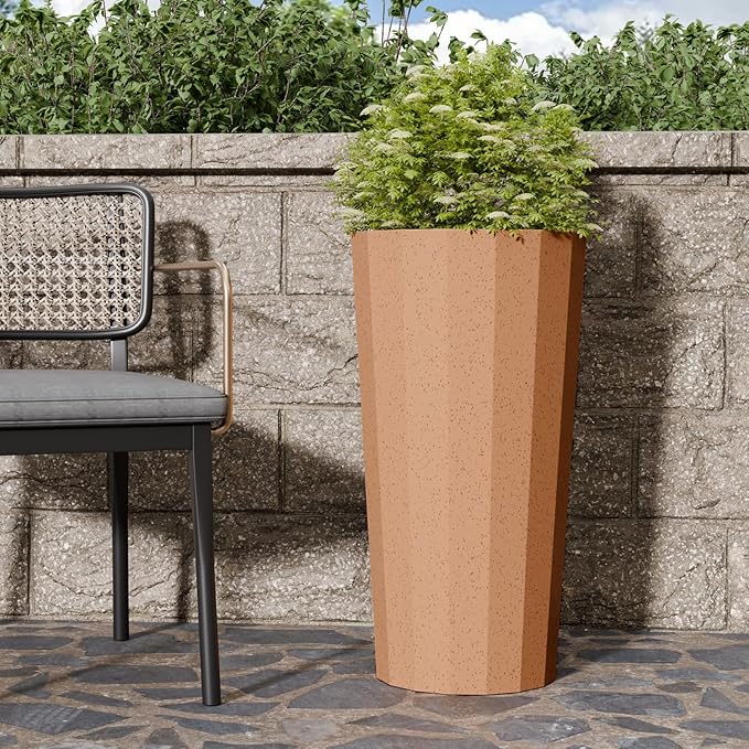 2PCS Tall Planters for Outdoor Plants, 23.6 Inches Large Outdoor Conical Flower Pots for Porch with Drainage Holes and Drainage Baffle, Tapered Large Planters for Garden, Balcony Clay Color