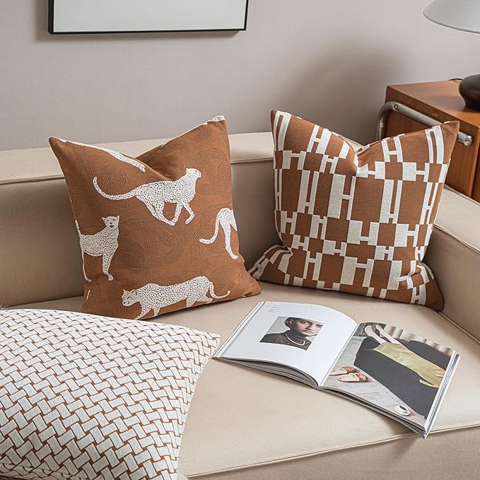 2025 New 22x22'' inches Throw Pillow Cushion Covers - Caramel H Letter Chenille Jacquard Embroidery Luxury Modern Style Couch Sofa Bed Pillow Cover for Living Room Bedroom