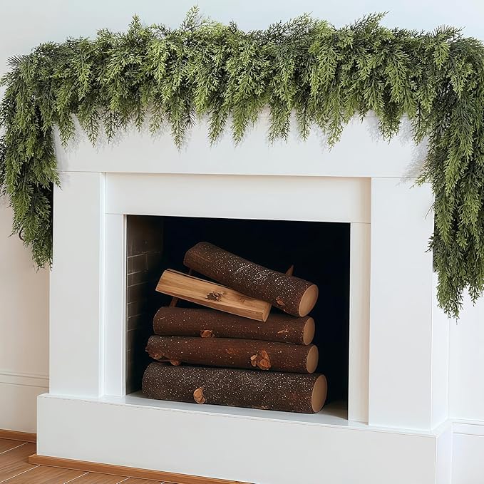 LVZHIYUAN 2 Pcs 6FT Christmas Garland, Christmas Decorations, Real Touch Cedar Garland, Artificial Cypress Garlands for Mantle Fireplace Table Door Wall Upstairs Indoor Outdoor Holiday Xmas Decor