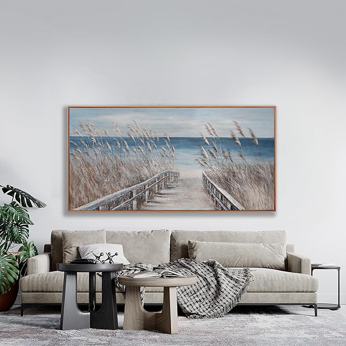 Framed Wall Art Scene Decor Canvas Print Painting Picture Artwork Framed Reed And Blue Coast Landscape Large Size For Living Room Bedroom Living Room And Office Wall Decor 29"X58"