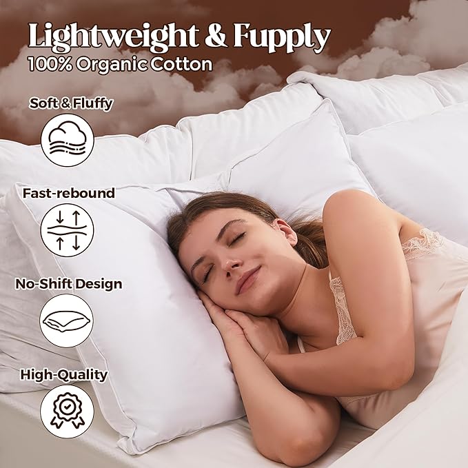 Bafode Goose Feathers Down Pillows, Pillows Standard Size Set of 2, Cotton Cover,Gusseted Hotel Collection Bed Pillow for Back, Stomach or Side Sleepers