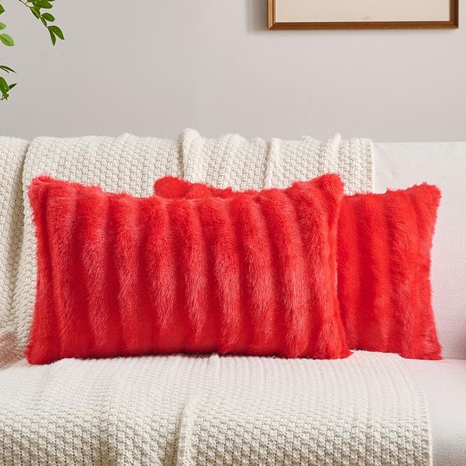 FUTEI Christmas Red Decorative Throw Pillow Covers 12x20 Inch Set of 2,Soft Fluffy Faux Rabbit Fur Dyeing Striped Textured Lumbar Pillow Case,Modern Home Decor for Couch Bed Living Room