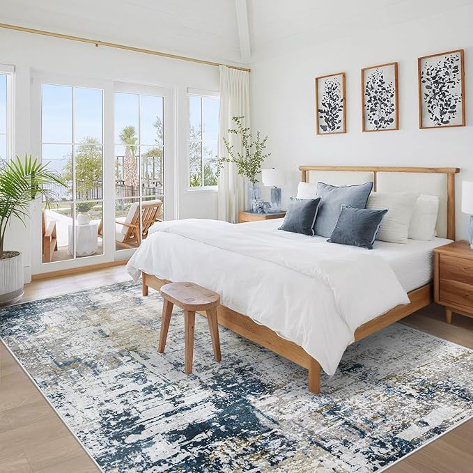 5x7 Area Rugs for Living Room: Washable Modern Abstract Rug Soft Non Slip Rug Indoor Low Pile Carpet for Bedroom Dining Room Home - Blue Grey Brown