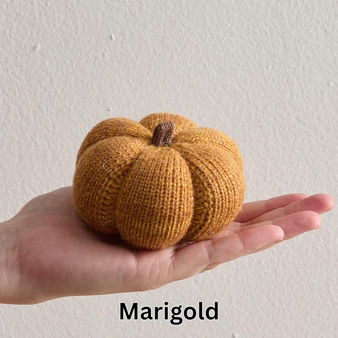 Your Heart's Content Set of 3 Cozy Mini Knit Pumpkins, Warm Green Gold Fall Table top décor, Soft Autumn Home Accents, Thanksgiving Table Setting (Marigold Multi-Size Set)