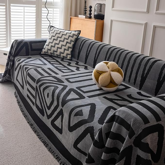 DREAMINGO Boho Couch Cover Washable Chenille Sofa Cover Blanket Dark Grey Black Furniture Protector for Sectional 3 Cushion Couch Reversible Geometric Sofa Slipcover, X-Large 71"x134"