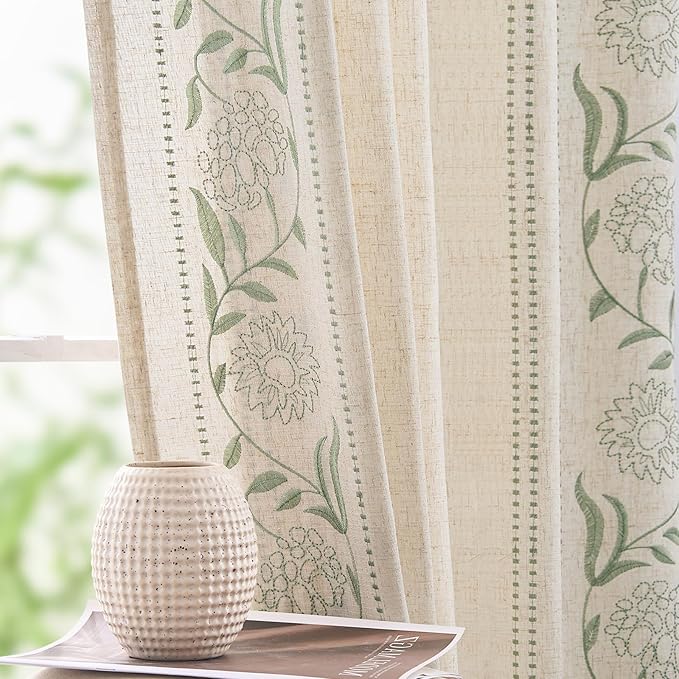 jinchan Winslow Linen Curtains for Bedroom 108 Inches Length Embroidered Bordered Floral Curtains for Living Room Farmhouse Decor Light Filtering Window Treatments Sage on Beige Drapes 2 Panels