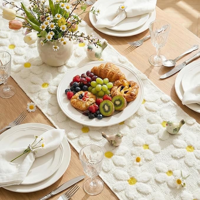 Artoid Mode White Soft Plush Faux Fur Jacquard Embroidery Daisy Spring Table Runner, Kitchen Dining Table Decoration for Home Party Decor 13x72 Inch