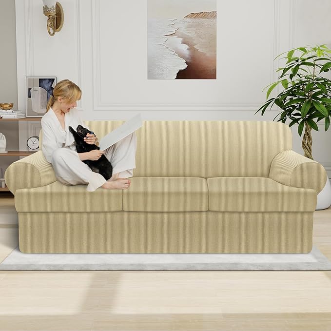 Waterproof Couch Cover 4-Piece Set Striped Sofa Slipcovers for 3 Separate T Cushion Couch - TPU Fabric Sofa Covers Leakproof Couch Protector for Kids, Pets(3 Cushion Sofa, Camel)