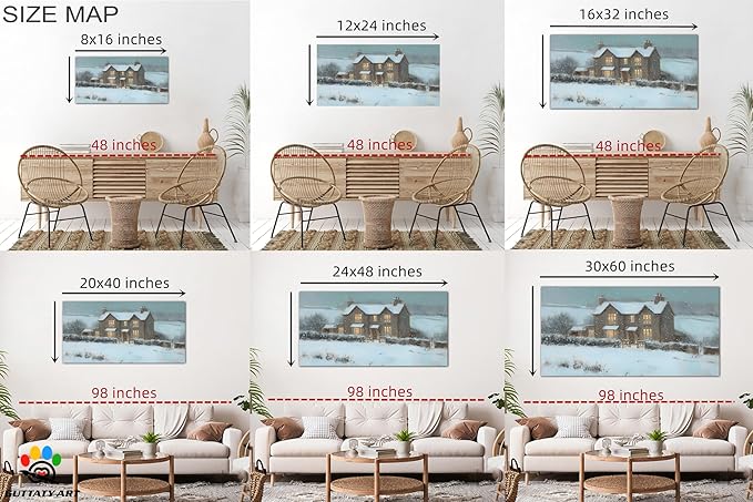 GUTTATY Christmas Winter Canvas Wall Art, Cozy House Snow Scene Canvas Painting, Christmas Winter Landscape Poster for Living Room, Office Decor, Gift for Family, 48x24 Inch