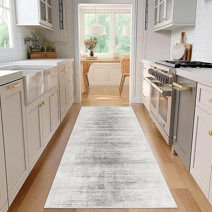 Enkor Runner Rugs for Hallway, 2'7"x8 Washable Soft Non Slip Abstract Rugs for Kitchen, Modern Mat for Entryway Living Room Bedroom White & Grey