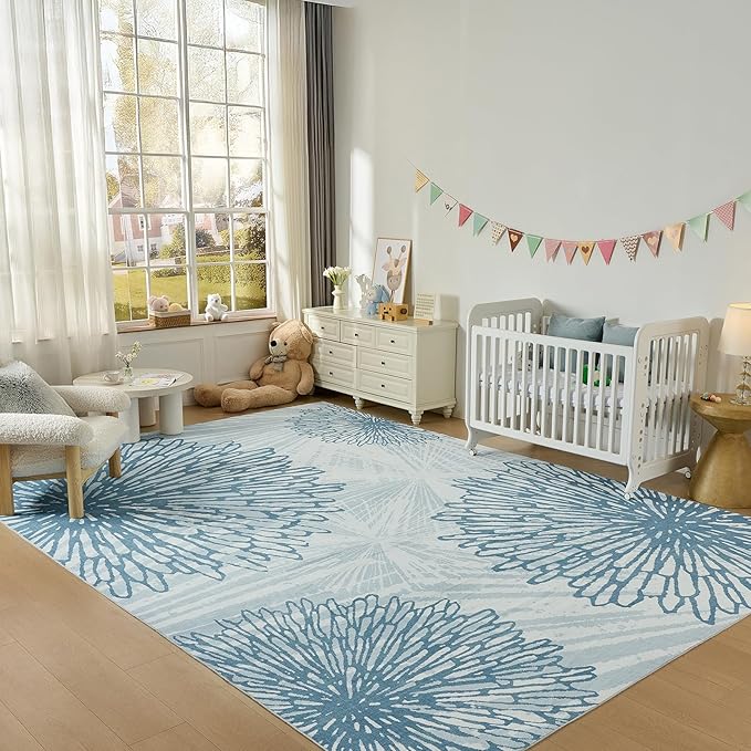 WITSHOCK 10x14 Washable Rug for Living Room,Modern Floral Distress Print Pattern Area Rugs,Stain Resistant with Non Slip Backing Carpet for Dining Room,Bedroom & Home Decor,Blue/Light Blue