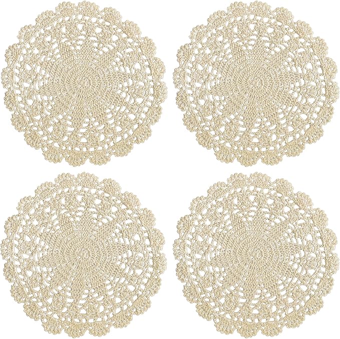 PHANTOMON Crochet Doilies Handmade Round Cotton Lace Table Placemats Knitted Tablecloth, Star Pattern Rippled Edge, Pack of 4 (10 Inch, Beige)