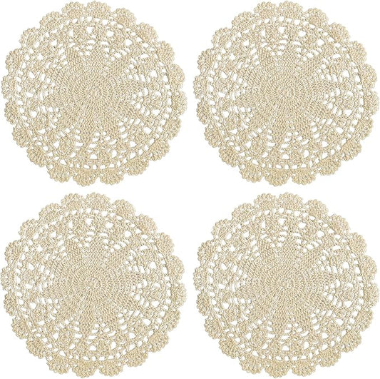 PHANTOMON Crochet Doilies Handmade Round Cotton Lace Table Placemats Knitted Tablecloth, Star Pattern Rippled Edge, Pack of 4 (10 Inch, Beige)