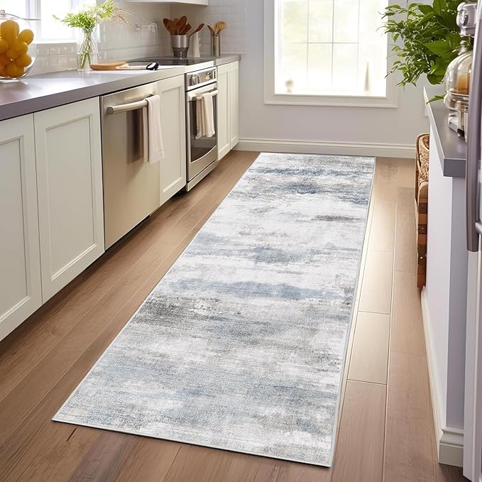 Enkor Runner Rugs for Hallway, 2'7"x8 Washable Soft Non Slip Abstract Rugs for Kitchen, Modern Mat for Entryway Living Room Bedroom Blue & Grey