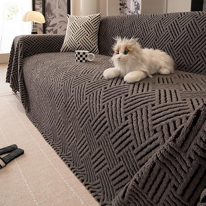 ROOMLIFE Striped Boho Gray Couch Cover for 2-3 Cushion Sofa, Fuzzy Plush Warm Sofa Slipcovers Sectional Sofas Covers, Non Slip Washable Furniture Protector Soft with Tassel,Winter 71''X150”