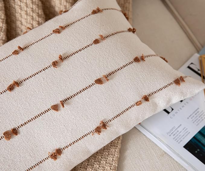 Caflife Boho Lumbar Throw Pillow Covers 14x36 inches Long, Farmhouse Decorative Body Pillow for Bed and Sofa, Living Room Home Decor Couch Brown Pillowcase, Pack of 1