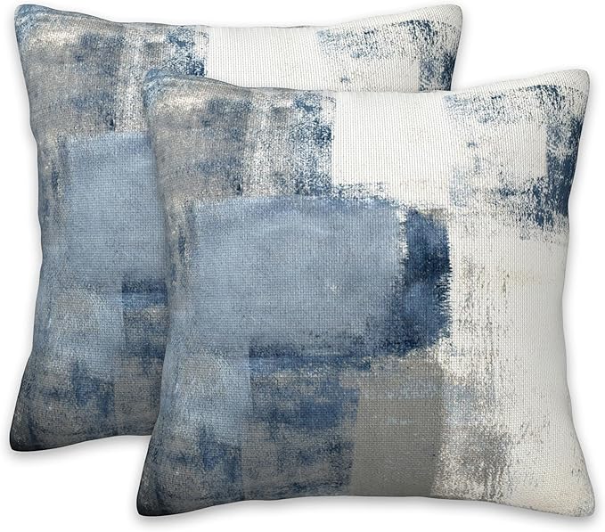 Blue and Grey Abstract Art Pillow Covers 18X18 Set of 2, Grunge Style Oil Painting Decorative Throw Pillow Covers, Pillowcase Cushion Case for Home Sofa Couch Indoor Outdoor Decorations