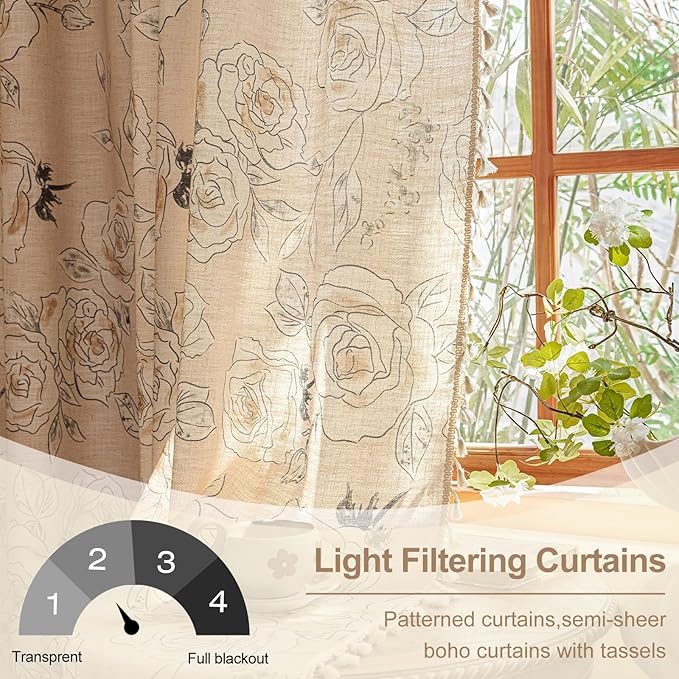 OYX Boho Floral Semi-Blackout Curtains for Bedroom, 2 Panels 52x63 Inches, Grey Rose Vintage Country Pattern with Tassels, Rod Pocket Design, Farmhouse Window Treatments