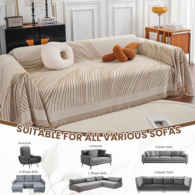 VClife XXL Sofa Cover Chenille Couch Cover for 3 Cushion Couch Sofa, Modern Beige Khaki Striped Couch Covers for Kids Washable Sectional Sofa Protector with Tassel 71"X150"