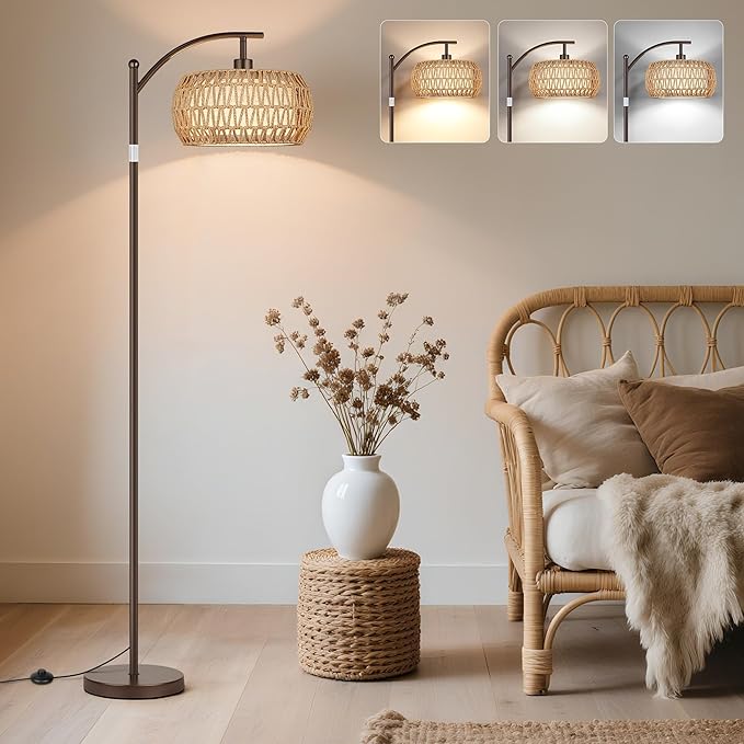 ROTTOGOON Rattan Floor Lamps for Living Room, Boho Standing Lamps with Rattan& Linen Double Shades, Arc Lamps Floor Standing with 9W Bulb, Foot Switch, Bohemian Floor Lamps for Bedroom, Office-Brown