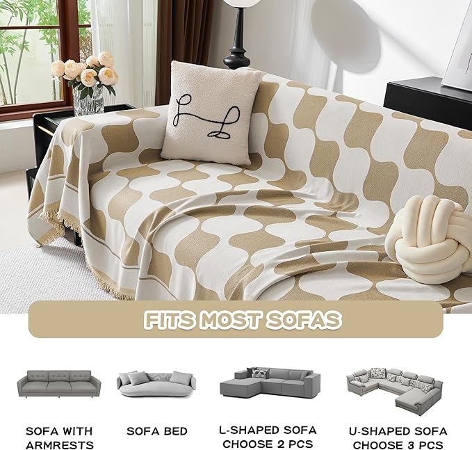 MEETSKY Couch Cover for Dogs Cats,Sofa Covers Washable Furniture Protectors for Pets Universal Couch Cover Thick Durable Sectional Couch Covers for 3 Cushion Couch, 91" x 118", Khaki Checkerboard