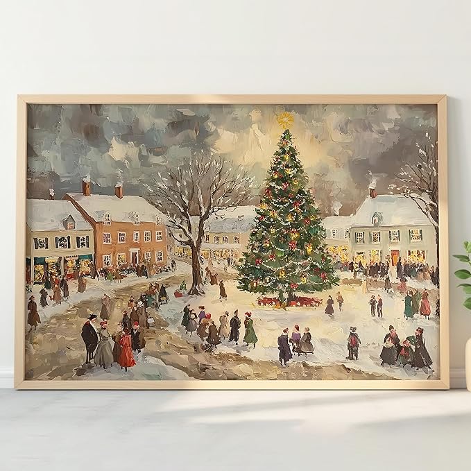 Vintage Winter Village Art for Holiday Home Decor, Snowy Christmas Tree Town Scene Wall Art, Xmas Print, Festive Winter Gathering Artwork, Classic Seasonal Christmas Decoration (Unframed) (27x40)