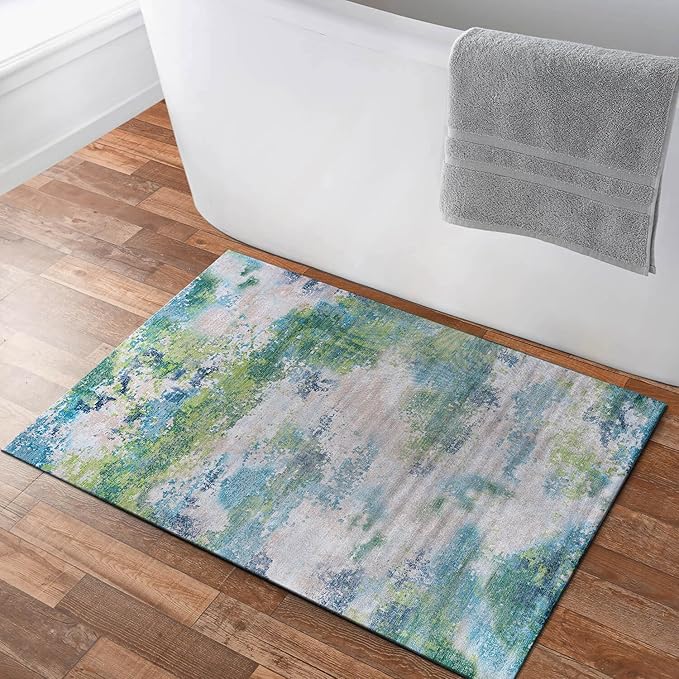 Non Slip Rugs 2x3 Modern Abstract Easy Silk Rubber Backing Soft Entryway Area Rug for Door Mat Easy to Clean Non Shedding Kitchen for Bedroom Indoor Carpet (Teal - Green, 2x3)