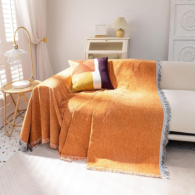 VClife Modern Orange Couch Cover XL Sofa Cover for Sectional Couch, Soft Kids Couch Covers for 3 Cushion Couch Sofa, Thick Chenille L-Shape Furniture Sofa Covers for Living Room 71"x134"