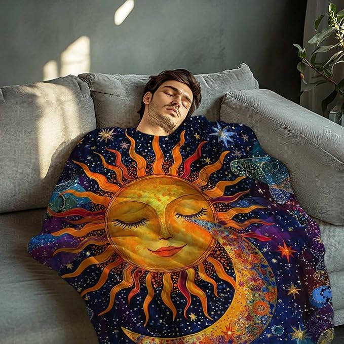 Sun and Moon Blanket Throw, Plush Blanket Gift for Adults, Hippie Witchy Lightweight Soft Fleece for Bedrooms, Meditation, and Decor, 50x60 Inches