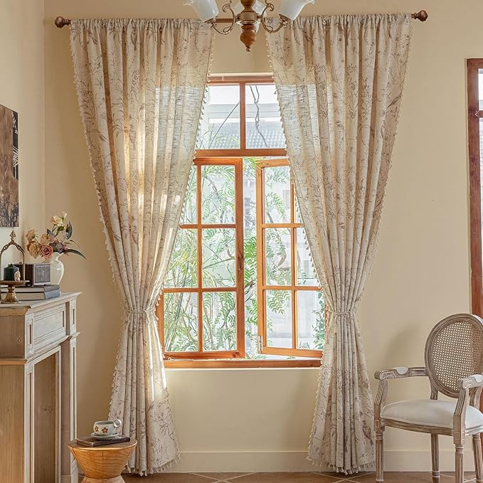 OYX Boho Curtains, Floral Curtains Beige with Garden Birds, Farmhouse Birds Drapes 63 Inches Length Semi Sheer, Rod Pocket Vintage French Country Window Curtain Set 2 Panels for Kitchen, Bedrooms