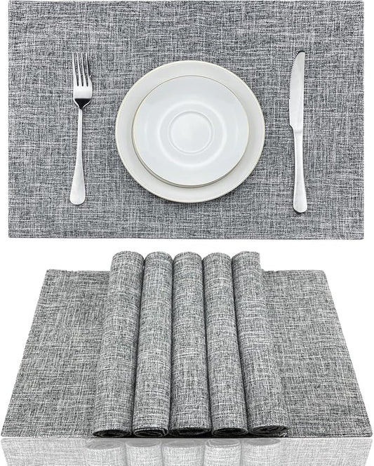 Weabetfu Cloth Placemats Set of 8 Heat Resistant Dining Table Placemmats Cotton Linen Machine Washable Kitchen Table Mats Wrinkle Free Thick Fabric Place Mat,Easy to Clean,13"x19" Mottled Grey w/Brown