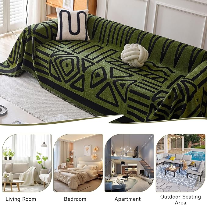 VClife Couch Cover 1 Piece Boho Tribal Black and Green Geometric Jacquard Pattern Sofa Cover for 2 Cushion Couch Sofa, Soft Washable Chenille Living Room Loveseat Cover Slipcover for Sofa Bed 71"X102"