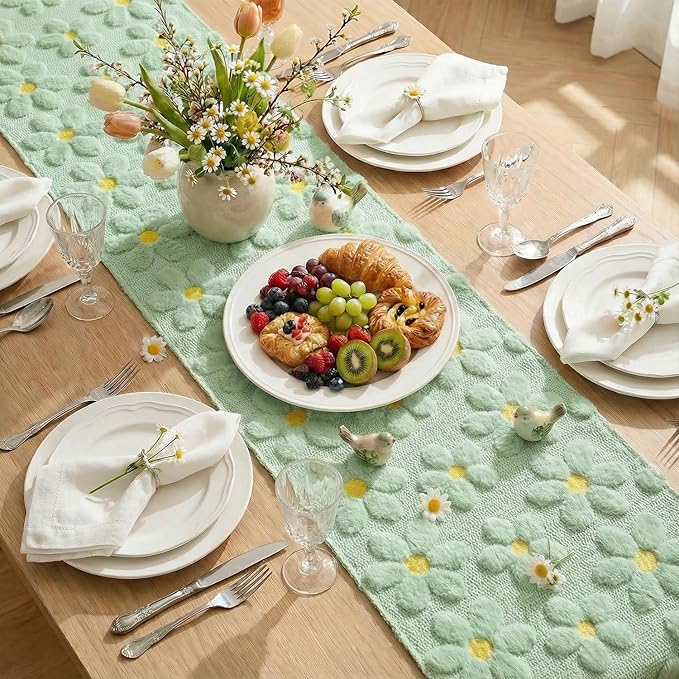 Artoid Mode Green Soft Plush Faux Fur Jacquard Embroidery Daisy Spring Table Runner, Kitchen Dining Table Decoration for Home Party Decor 13x90 Inch